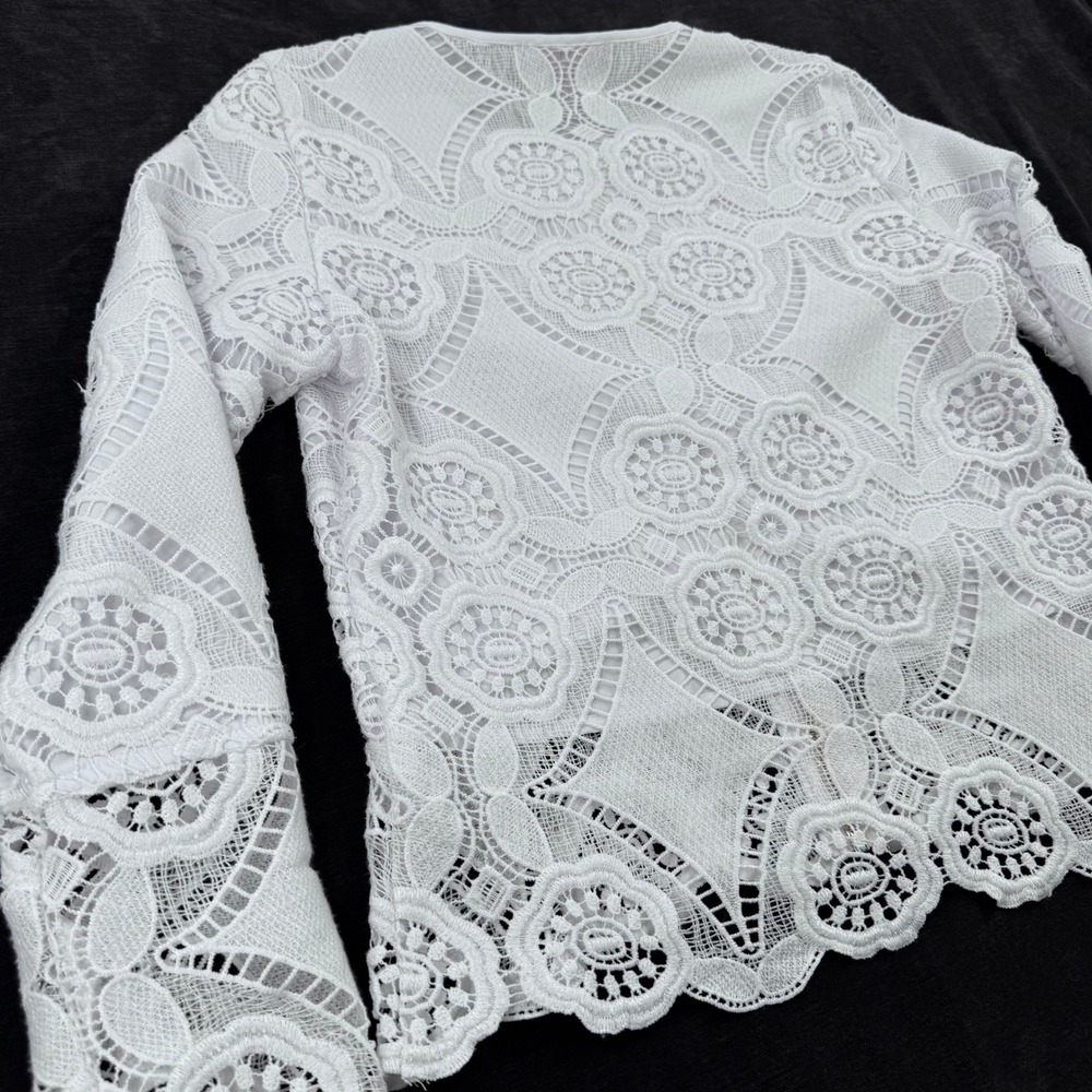 Saks Fifth Avenue Small White Lace Zip Jacket Floral Crochet Sheer Long Sleeve - Picture 5 of 9